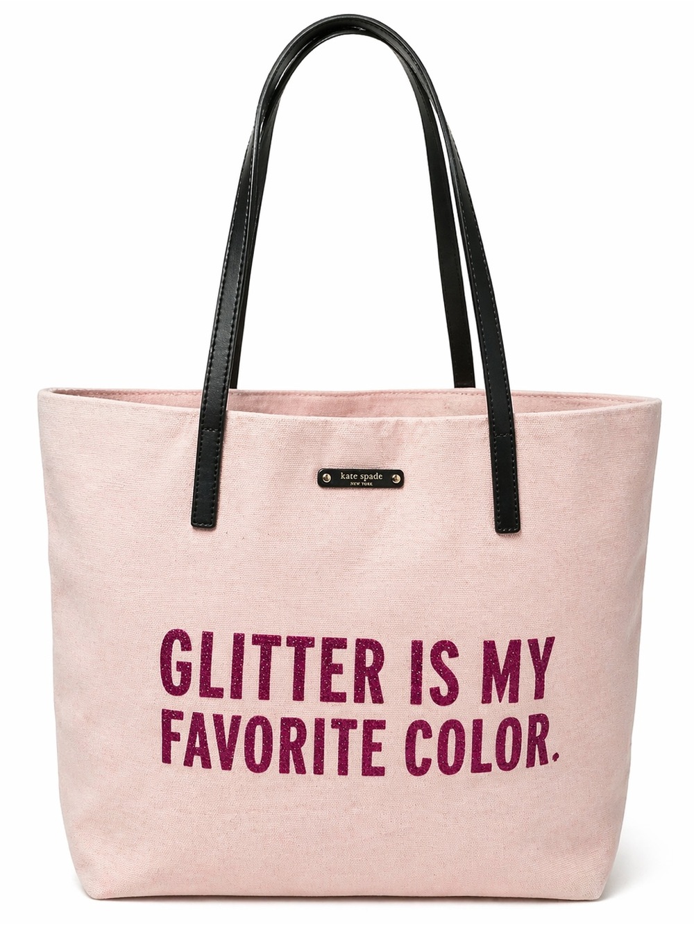 kate spade Pink Canvas Tote with Black Handles and Magenta Glitter Text